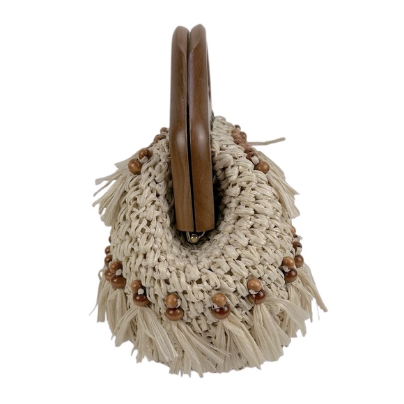 Vintage Handmade Japanese Raffia with Wooden Handle & Beaded detailing Bag Purse - Picture 4 of 10